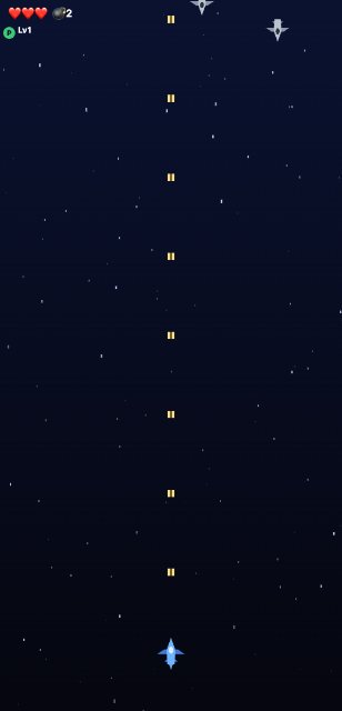 Astro Blast 플레이 화면 — 우주선과 편대로 몰려오는 적