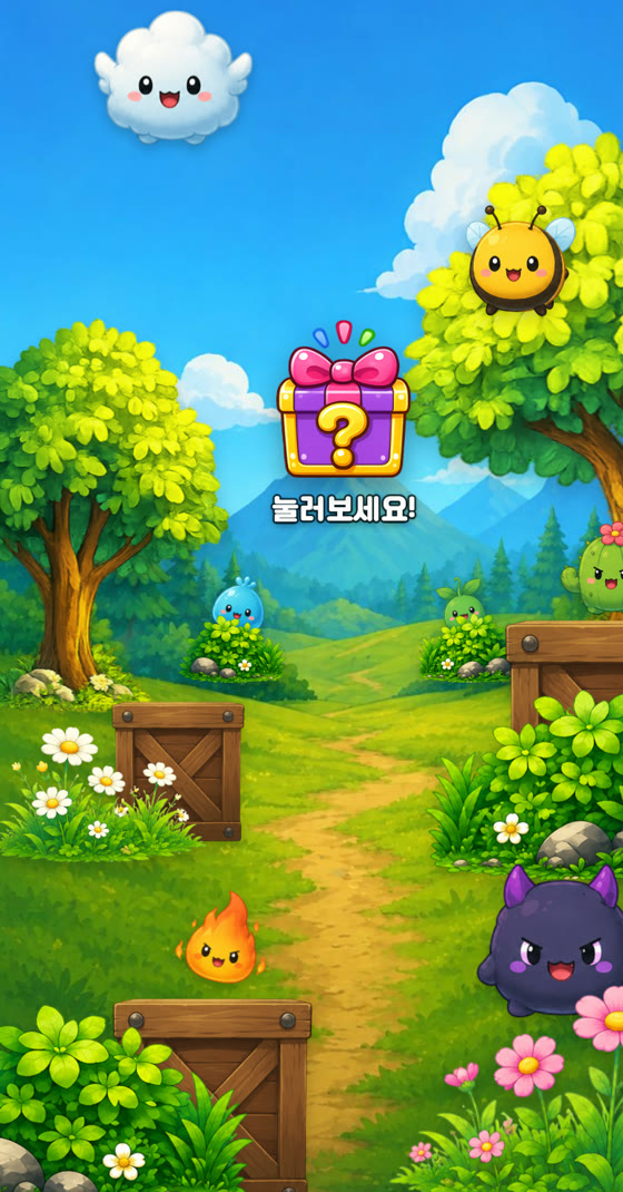 몬스터팡 플레이 화면 — 풀숲·나무·상자 뒤에서 몬스터가 빼꼼 나오고 하늘엔 구름과 벌이 떠 있는 중반